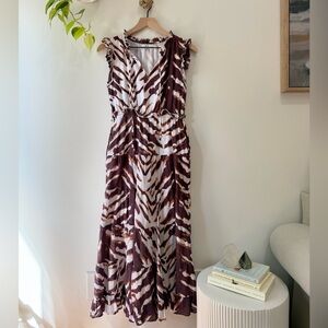 THML Sleeveless Midi Dress XS Brown Orange White Animal Print Ruffle Boho Cotton